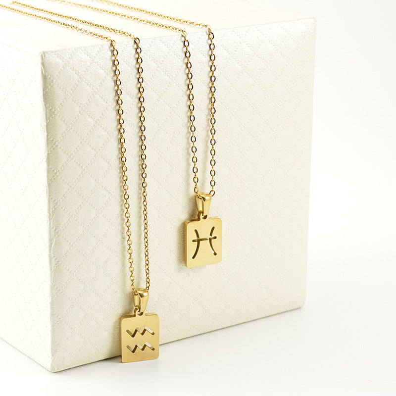 Wholesale Stainless Steel 18K Gold Square Hollow Twelve Constellation Pendants Necklaces